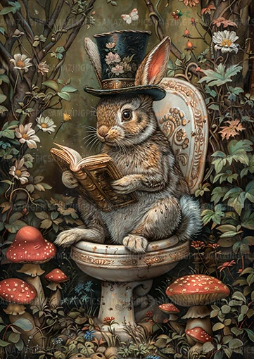 Whimsical Rabbit Reading Art Print, Funny Animal Bathroom Decor, Cottagecore Q72 - Imagem 1 de 1