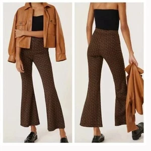 Anthropologie Sabine Flare Pants Brown Black Motif Size Small Comfy Stretch - Picture 1 of 15