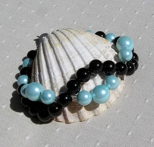 Black Onyx & Turquoise Shell Pearl Gemstone Wave Beaded Bracelet "Azure Sunset" - Picture 1 of 7
