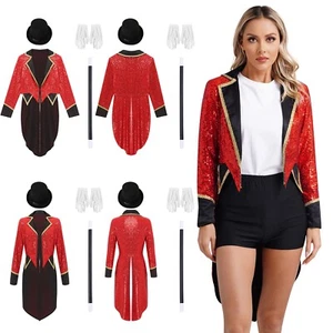 Womens Ring Master Halloween Circus Sequin Tailcoat Jacket Hat Glove +Magic Wand - Picture 1 of 19