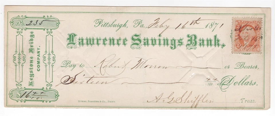 1871 KEYSTONE BRIDGE CO PITTSBURGH PA REVENUE CHECK LAWRENCE SAVINGS BANK - Image 1 of 1