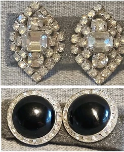 Lot 2 Vintage Earrings round  black and  rhinestone, Diamond Shaped Clip On  - Picture 1 of 7