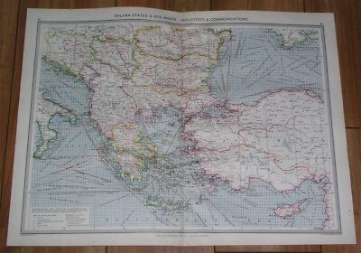1908 ANTIQUE MAP OF BALKANS INDUSTRY TRANSPORTATION TURKEY GREECE SHIP ROUTES - Image 1 of 4