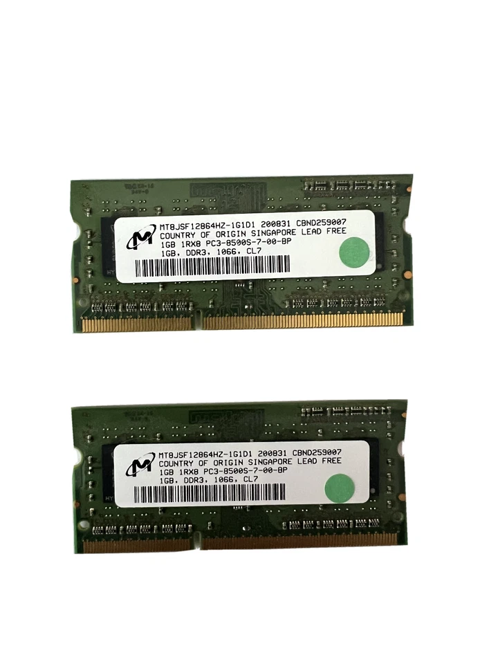 Micron 2x1GB PC3-8500S DDR3 1066 Apple MacBook iMac RAM MT8JSF12864HZ-1G1D1 - Image 1 of 1