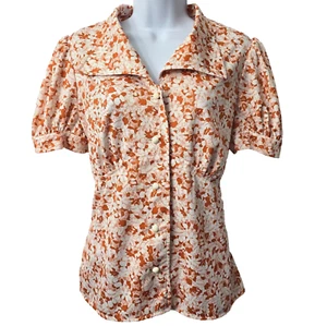 Vintage 70s Disco Collar Shirt Top M L Puff Sleeve Tie Back Orange Floral Boho - Picture 1 of 8