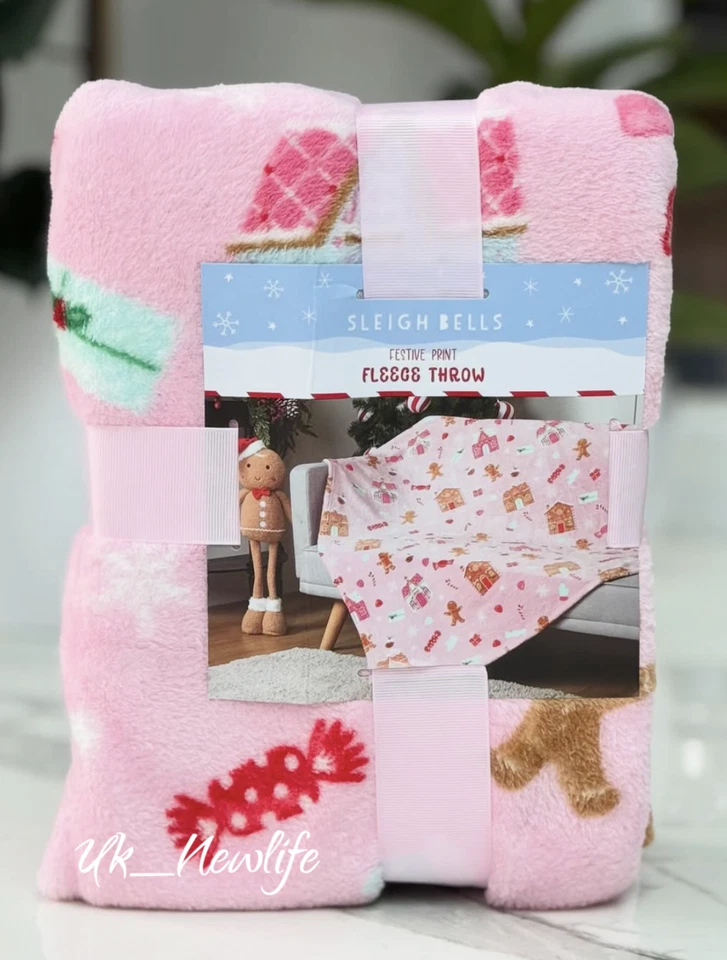 Christmas Sleigh Bells Fleece Blanket Throw Rugs Gingerbread Pink Candy Cane New - Image 1 of 1