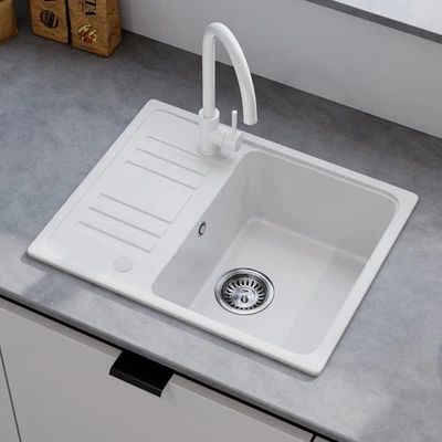 HOROW Granitspüle 57 × 45 cm,Spülbecken Küchenspüle Kratzfeste,mit Siphon weiß  - Bild 1 von 4