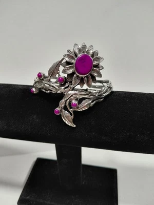 925 Sterling Silver Artisan Purple Agate Sunflower Adjustable Cuff Bracelet - Image 1 of 4