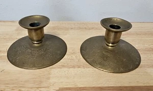Pair Of Vintage Brass Floral Etched Candlestick Candle Holders  - Picture 1 of 8