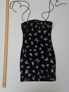 Ladies Bodycon Dress Size S Unbranded Black Metallic Butterflies Slit 29691 - Picture 1 of 13