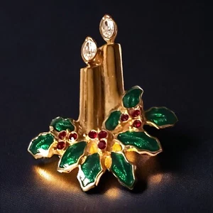 Monet Weihnachts Brosche goldfarben Emaille Stechpalme Beeren Kerze Anstecknadel Vintage - Bild 1 von 11