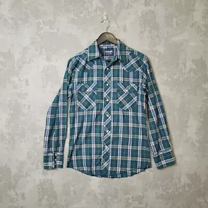 Vintage Wrangler Western Shirt Mens Small Sawtooth Pearl Snap Green Check - Picture 1 of 9