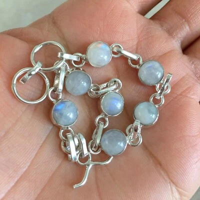 NATURAL ROUND RAINBOW MOONSTONE 925 STERLING SILVER LINK CHAIN BRACELET 7.5” - Image 1 of 4