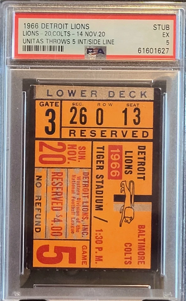 PSA 11/20/1966 Lions vs. Colts & Johnny Unitas -- TICKET STUB Foto 1 de 1