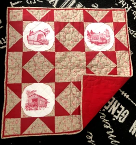 Vtg 23" SQ QUILTED WALL HANGING Quilt Red Work OREGON COVERED BRIDGES Handmade - Picture 1 of 11