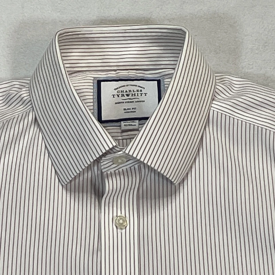 Camisa Charles Tyrwhitt Para Hombres 16.5 34 Blanco Rojo Rayas Calce Ajustado Sin Hierro Vestido Foto 1 de 4