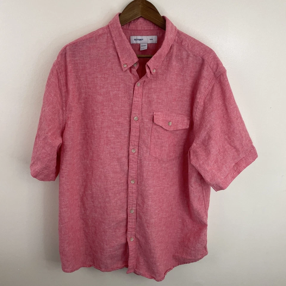 Camisa Antigua Azul Marino Mezcla de Lino Para Hombres 2XL XXL Delgada Roja/Rosa Manga Corta Con Botones Foto 1 de 4
