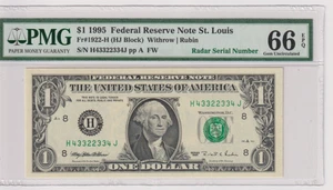 **RADAR COUNTER** Fr 1922-H 1995 $1 FRN H43322334J PMG 66EPQ ST LOUIS GREEN SEAL - Picture 1 of 2
