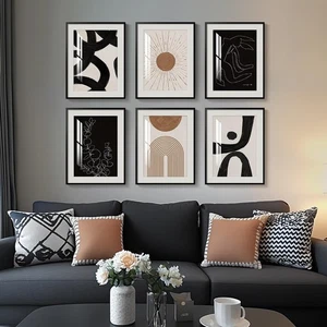 Arte de pared abstracto moderno enmarcado boho blanco y negro marrón para sala de estar, S... - Imagen 1 de 7