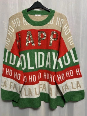 @251 Tu Sz 18 Festive Sequin Knit Happy Holidays Oversized Baggy Xmas Jumper - Image 1 of 4