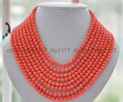 Подлинный 8 рядов 6 мм розовый коралл круглый бисер драгоценные камни ожерелье ручной работы 17-24 дюйма - Изображение 1 из 4