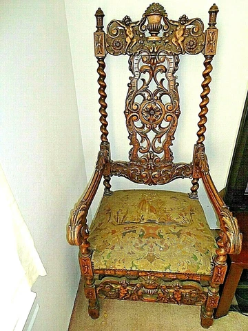 Antique Carved Arm Chair Louis XIV FIGURAL ANGELS SPIRAL RAILS Cover