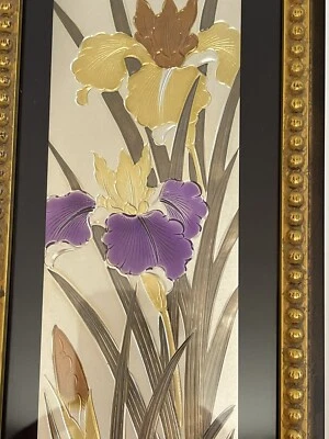 Foil Floral Art Asian Narcissus Flowers Framed Matted Signed 19”x4.5” - Image 1 of 4