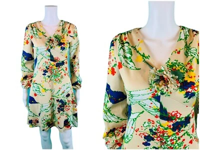 Vintage 1970s Artistic Mini Dress Beige Colorful Flower Pin W 28-31" - Image 1 of 4