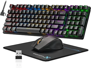 Wireless Mechanical Gaming Keyboard and Mouse, 98 Keys RGB Backlit Black Switch, - Picture 1 of 12