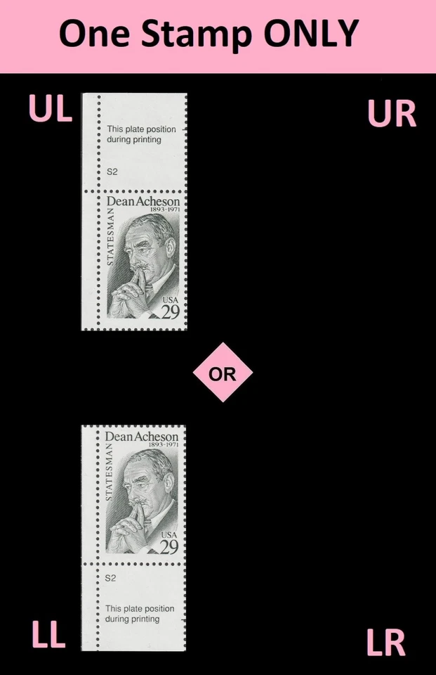 US 2755 Statesman Dean Acheson 29c plate single S2 MNH 1993 - Image 1 of 1