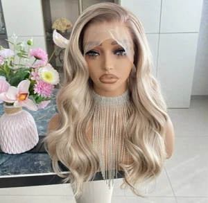Lange Platinblonde Perücke HD Front Lace Echthaar Mischung Highlights wellig lockig - Bild 1 von 6