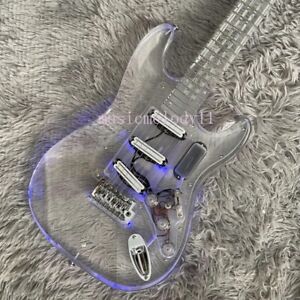 Blue LED Light ST Electric Guitar Full Acrylic 3S Active Pickup Chrome Hardware