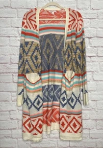 Large New Turquoise Blue Ivory Coral Southwest Cardigan Sweater Duster Pockets - Picture 1 of 14