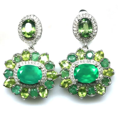Gemstone Green Agate, Emerald, Peridot, Tourmaline,.. Earrings 925 Silver - Image 1 of 4