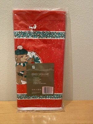 Vintage Plastic Tablecover 54x96 by American Greetings NOS Christmas Bear - Image 1 of 4