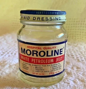 1144-Vintage-Moroline weißes Vaseline-Erste Hilfe Dressing-41/5 Unzen leeres Glas - Bild 1 von 8
