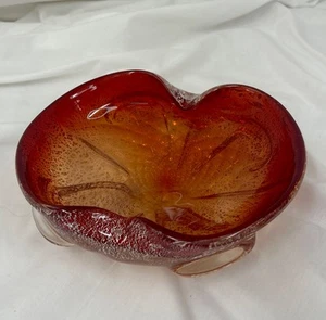 Vintage Hand Blown Art Glass Ashtray Candy Dish Bowl Red-Orange Silver Flecks - Picture 1 of 9
