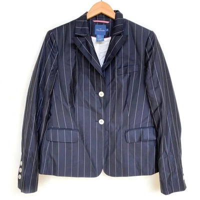 Faconnable Womens Navy Pinstriped Wool Silk Blazer Size 14 Old Money Luxury - Image 1 of 4
