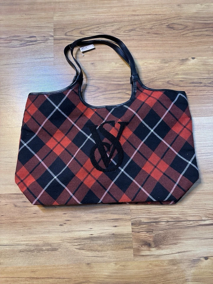 NWT Victoria's Secret Red Black Fabric Tartan Plaid Tote/Overnight/Weekender Bag - Image 1 of 1