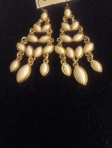 Gold Tone Chandelier 3 1/4 " Long Dangle Earrings.with Off White Marquise Shape - Picture 1 of 2