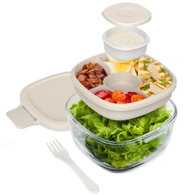 Ensaladera de vidrio todo en uno - Ensaladera grande 61 oz con tapa, 4 compartimentos... Foto 1 de 4