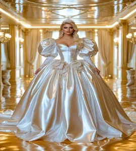 Princess Ball Gown Wedding Dresses Long Sleeve Lace Shiny Bridal Gown Elegant - Picture 1 of 5