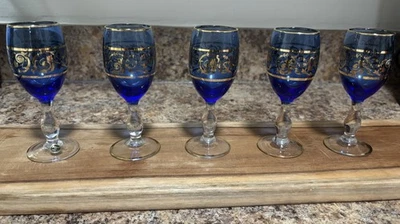 Vintage Italian Cobalt Blue Gold Rim Cordial Wine Glasses Set of 5 Made in Italy - Image 1 of 4