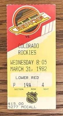 1982 Colorado Rockies Final Season Ticket Stub NHL Vancouver Canucks 3/31 Hlinka - Image 1 of 2