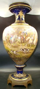 French Sevres Porcelain Cobalt Vase Hand Painted Steeplechase by H. Desperez - Picture 1 of 12