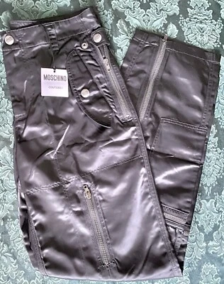 PANTALÓN MOSCHINO COUTURE NEGRO BRILLANTE MULTI CREMALLERA HECHO EN ITALIA NUEVO CON ETIQUETAS ~ $1,615 Foto 1 de 4