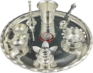 Silver Plated Pooja Thali Set- 9.5 Inch - Picture 1 of 3