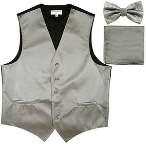 New Men's Horizontal Stripes Tuxedo Vest Waistcoat_bowtie & Hankie Silver gray - Picture 1 of 4