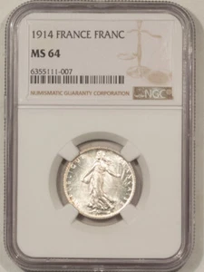 1914 FRANCE 1 FRANC SILVER - NGC MS-64, FLASHY & NEAR GEM, KM-844.1 - Picture 1 of 3