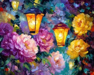 Leonid Afremov PEONY FESTIVAL LIGHTS Oil Paint 30"x24" LIMITED EDITION GICLEE - Picture 1 of 9
